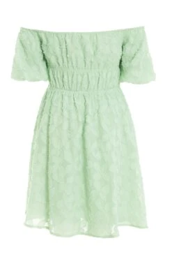 Sage Green Jacquard Bardot Mini Dress -Glamourista 00100037378 ZB