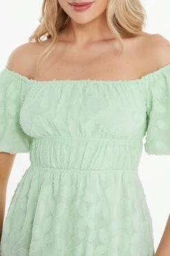 Sage Green Jacquard Bardot Mini Dress -Glamourista 00100037378 ZS