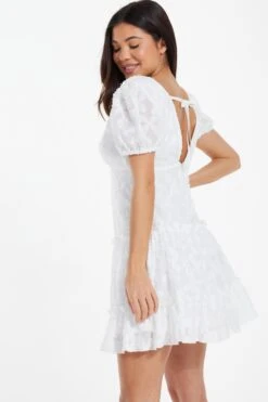 White Chiffon Floral Smock Mini Dress 8 White Chiffon Floral Smock Mini Dress -Glamourista 00100037383 XB