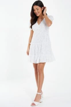 White Chiffon Floral Smock Mini Dress 9 White Chiffon Floral Smock Mini Dress -Glamourista 00100037383 XS