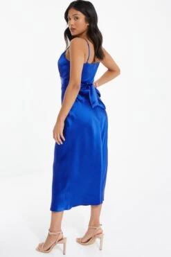 Petite Royal Blue Satin Ruched Midi Dress -Glamourista 00100037385 XB