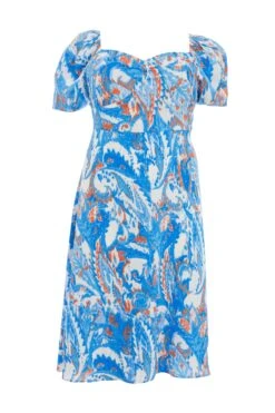 Curve Blue Satin Aztec Print Midi Dress