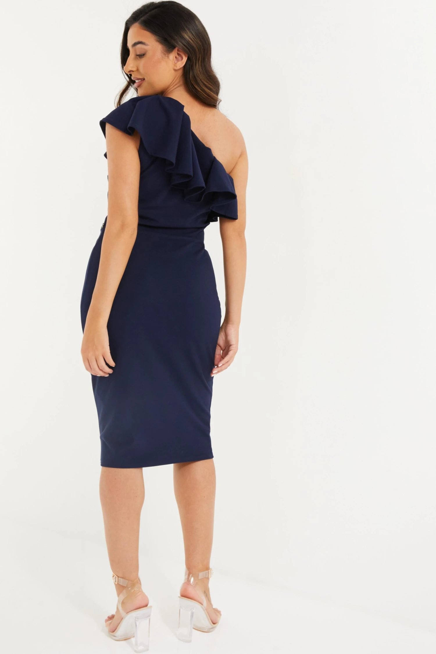 Petite Navy Beaded Frill Midi Dress 3 Petite Navy Beaded Frill Midi Dress - Image 3