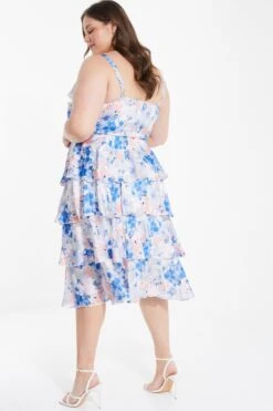 Curve Blue Chiffon Floral Tiered Midi Dress -Glamourista 00100037419 XB