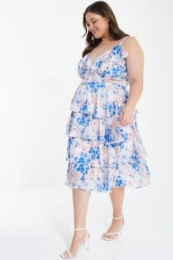 Curve Blue Chiffon Floral Tiered Midi Dress -Glamourista 00100037419 XS