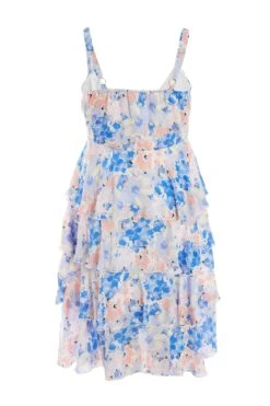 Curve Blue Chiffon Floral Tiered Midi Dress -Glamourista 00100037419 ZB