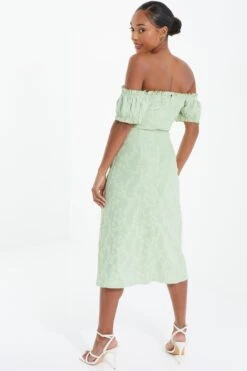 Sage Green Jacquard Bardot Midi Dress -Glamourista 00100037420 XB