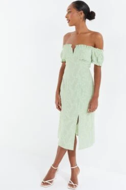 Sage Green Jacquard Bardot Midi Dress -Glamourista 00100037420 XS