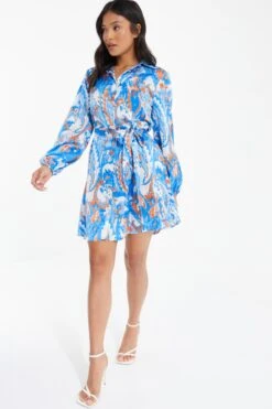 Petite Blue Marble Print Shirt Mini Dress -Glamourista 00100037421 XS