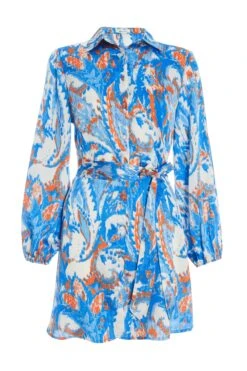 Petite Blue Marble Print Shirt Mini Dress