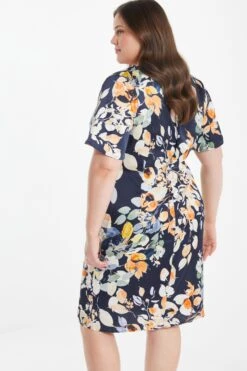 Curve Navy Satin Floral Midi Dress -Glamourista 00100037423 XB