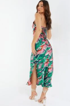 Green Satin Marble Print Tie Back Midi Dress 8 Green Satin Marble Print Tie Back Midi Dress -Glamourista 00100037433 XB