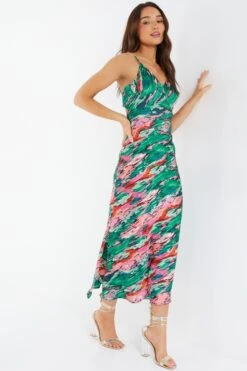 Green Satin Marble Print Tie Back Midi Dress 9 Green Satin Marble Print Tie Back Midi Dress -Glamourista 00100037433 XS