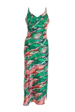 Green Satin Marble Print Tie Back Midi Dress
