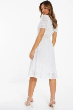 White Broderie Shirred Midi Dress -Glamourista 00100037442 XB