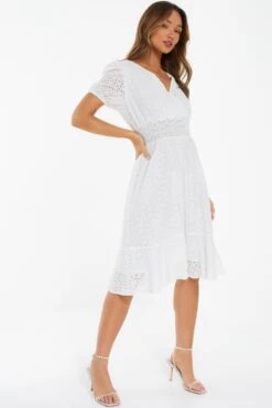 White Broderie Shirred Midi Dress -Glamourista 00100037442 XS