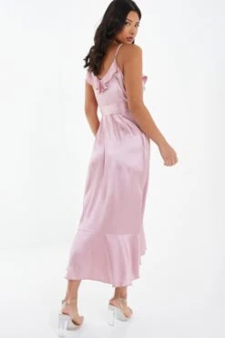 Pink Satin Wrap Frill Midi Dress -Glamourista 00100037468 XB