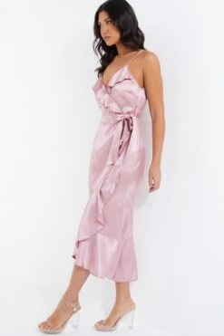 Pink Satin Wrap Frill Midi Dress -Glamourista 00100037468 XS