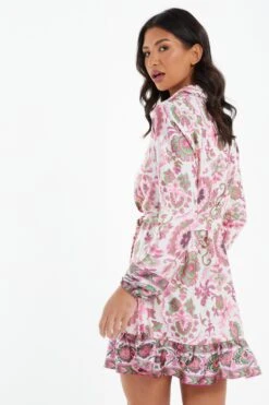 Pink Satin Paisley Print Mini Shirt Dress -Glamourista 00100037473 XB