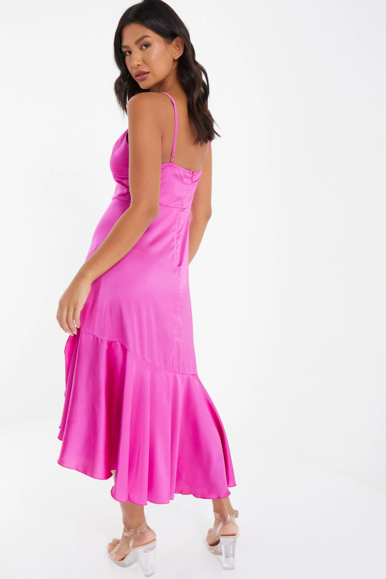 Hot Pink Satin Asymmetric Midi Dress 3 Hot Pink Satin Asymmetric Midi Dress - Image 3