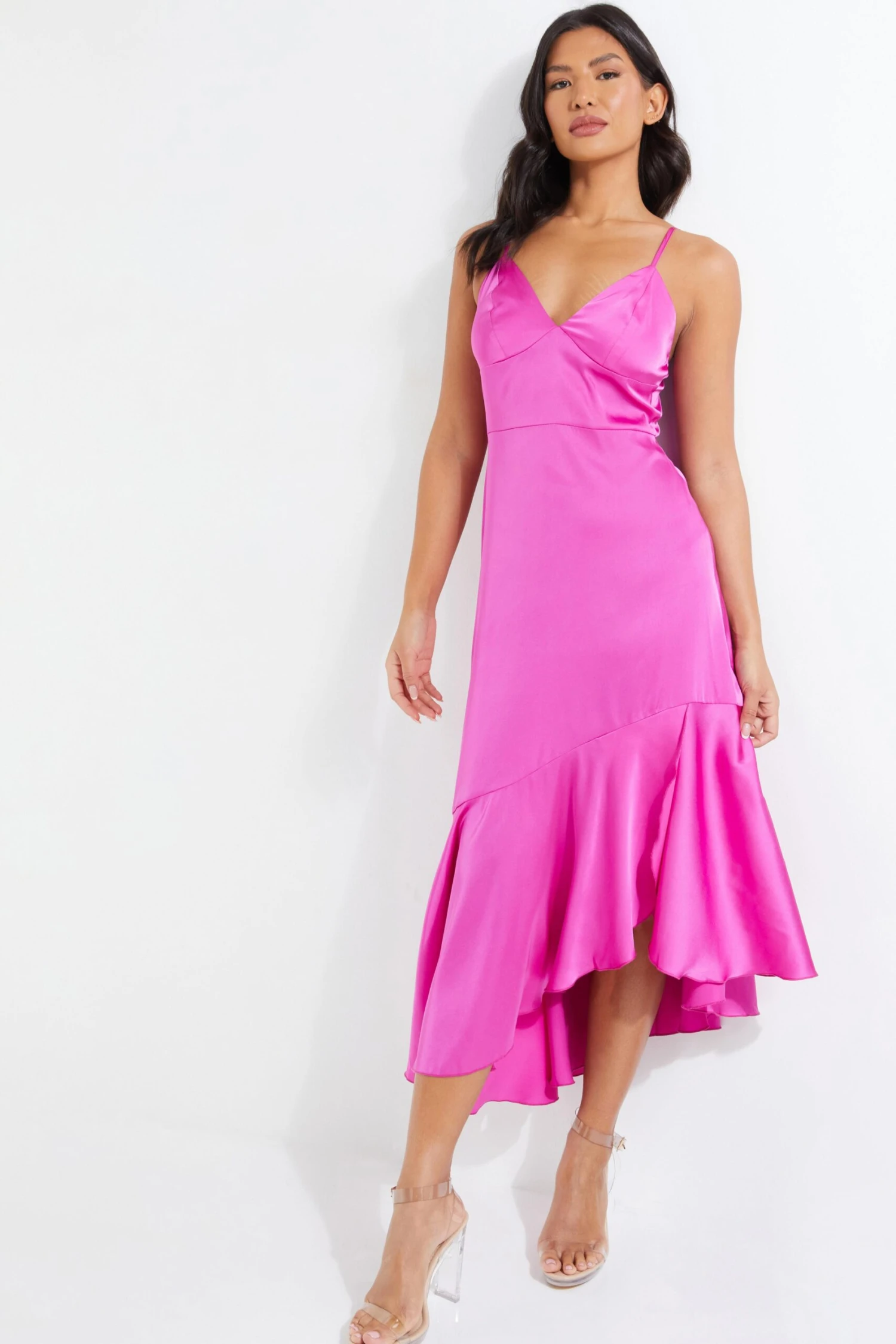 Hot Pink Satin Asymmetric Midi Dress 2 Hot Pink Satin Asymmetric Midi Dress - Image 2