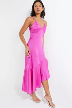 Hot Pink Satin Asymmetric Midi Dress 9 Hot Pink Satin Asymmetric Midi Dress -Glamourista 00100037474 XS