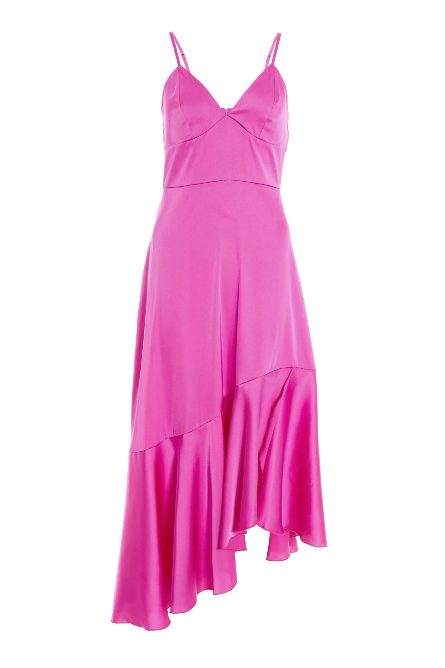 Hot Pink Satin Asymmetric Midi Dress 1 Hot Pink Satin Asymmetric Midi Dress