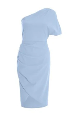Light Blue One Shoulder Ruched Midi Dress