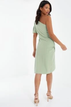 Sage Green One Shoulder Ruched Midi Dress -Glamourista 00100037478 XB