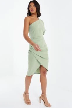 Sage Green One Shoulder Ruched Midi Dress -Glamourista 00100037478 XS