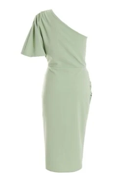 Sage Green One Shoulder Ruched Midi Dress -Glamourista 00100037478 ZB
