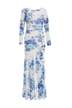 Blue Floral Mesh Maxi Dress