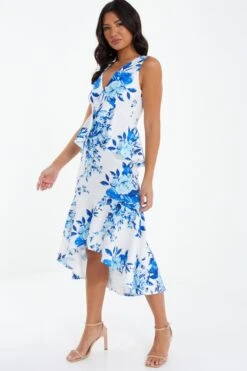 Blue Floral Dip Hem Frill Midi Dress -Glamourista 00100037491 XS
