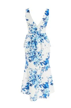 Blue Floral Dip Hem Frill Midi Dress -Glamourista 00100037491 ZB