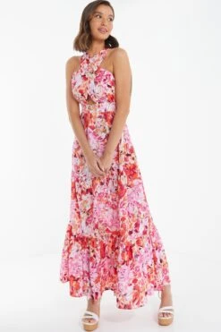 Pink Floral Cross Front Maxi Dress -Glamourista 00100037501 XS
