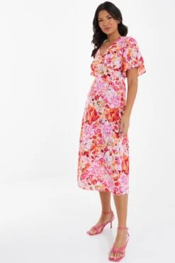 Pink Floral Wrap Midi Dress -Glamourista 00100037502 XS