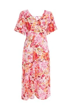 Pink Floral Wrap Midi Dress