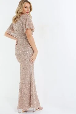 Taupe Sequin Batwing Maxi Dress -Glamourista 00100037505 XB