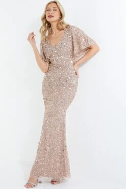 Taupe Sequin Batwing Maxi Dress -Glamourista 00100037505 XS