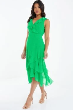 Green Chiffon Dobby Wrap Midi Dress -Glamourista 00100037558 XS