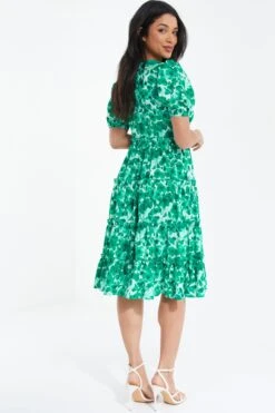 Green Floral Puff Sleeve Midi Dress -Glamourista 00100037561 XB