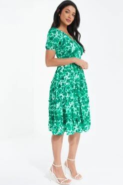 Green Floral Puff Sleeve Midi Dress -Glamourista 00100037561 XS