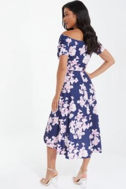 Navy Floral Bardot Dip Hem Midi Dress -Glamourista 00100037576 XB