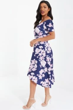 Navy Floral Bardot Dip Hem Midi Dress -Glamourista 00100037576 XS