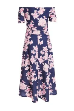Navy Floral Bardot Dip Hem Midi Dress -Glamourista 00100037576 ZB