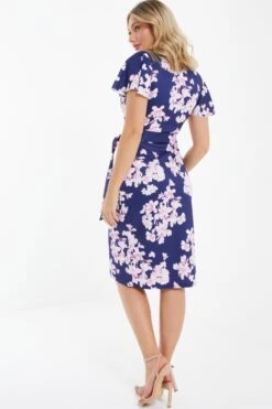 Navy Floral Wrap Midi Dress -Glamourista 00100037577 XB