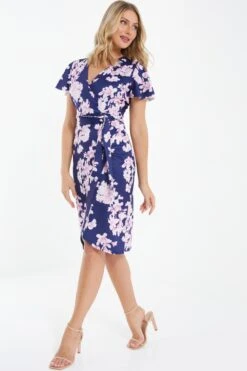 Navy Floral Wrap Midi Dress -Glamourista 00100037577 XS