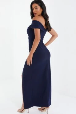 Navy Ruched Bardot Maxi Dress -Glamourista 00100037580 XB