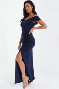 Navy Ruched Bardot Maxi Dress -Glamourista 00100037580 XS