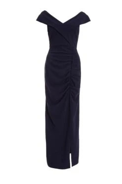 Navy Ruched Bardot Maxi Dress
